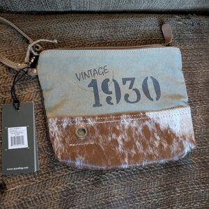 Myra Bag Canvas Wristlet with Brown & Cream Cowhide